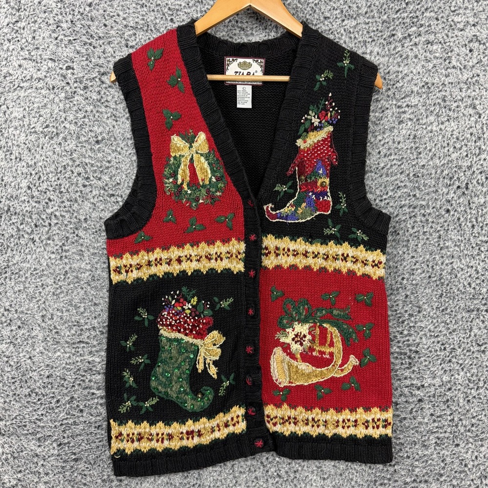 Vintage Christmas Sweater Vest Womens Large Ugly Stocking Sequins Bell Tiara 90s